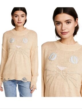 WILDFOX Whiskers Sweater Cat Face Knit Distressed Tan Long Sleeve Medium
